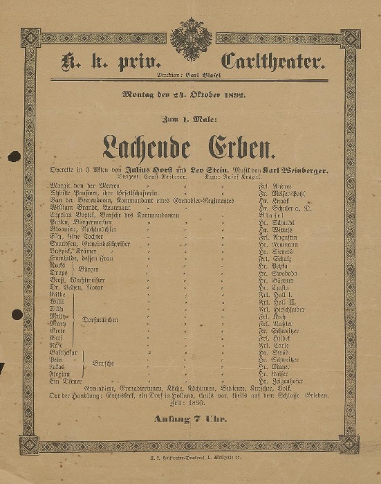 Playbill for Carl Weinberger's "Lachende Erben," 1892. (Photo: Theatermuseum Wien)