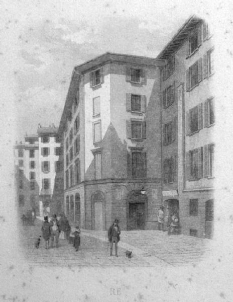 The exterior of the Teatro Re in Milan, 1860, as seen by Luigi Cherubin. 