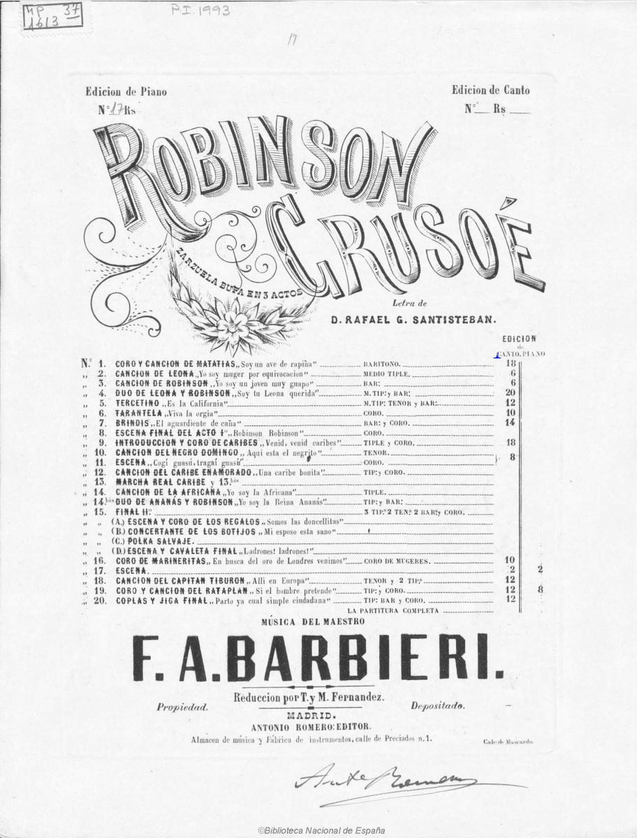 Vocal score of Barbieri's "Robinson Crusoé," first performed at the Teatro de los Bufos on 18 March 1870. (Photo: Biblioteca Nacional de España)
