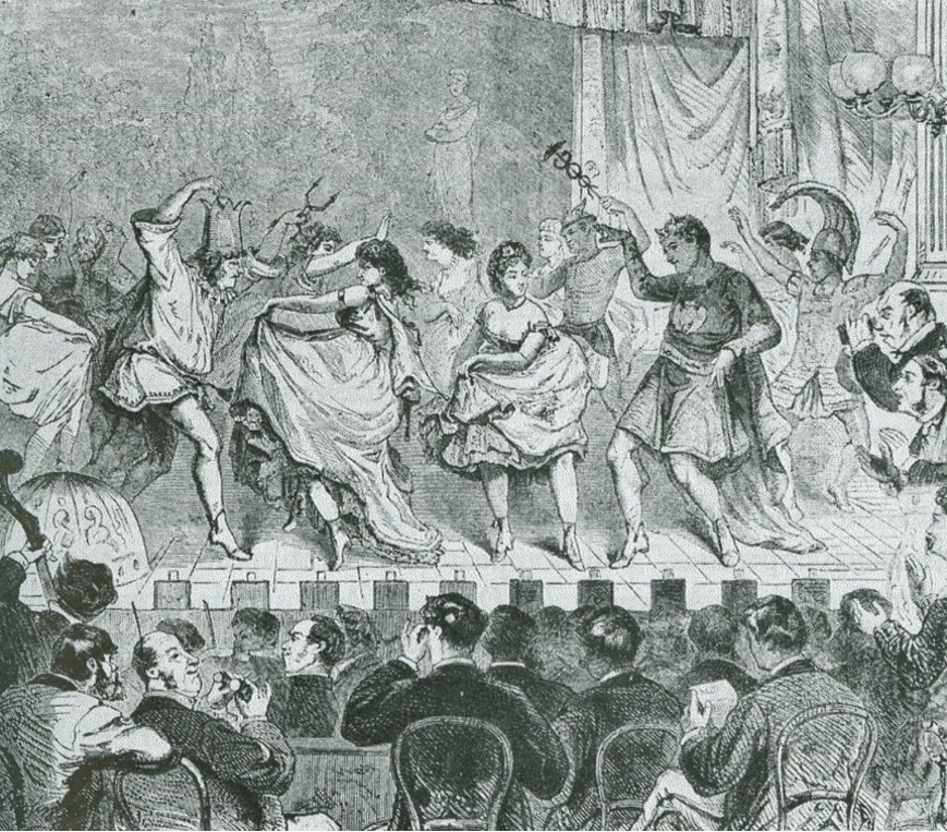"Orphée aux enfers" at the Bouffe. Drawing by Broling.  Vsemirnaya illyustratiya [Universal Illustrated] 97 (1870), in V. Vsevolodsky-Gerngross, Istoriya russkogo teatra (1929).