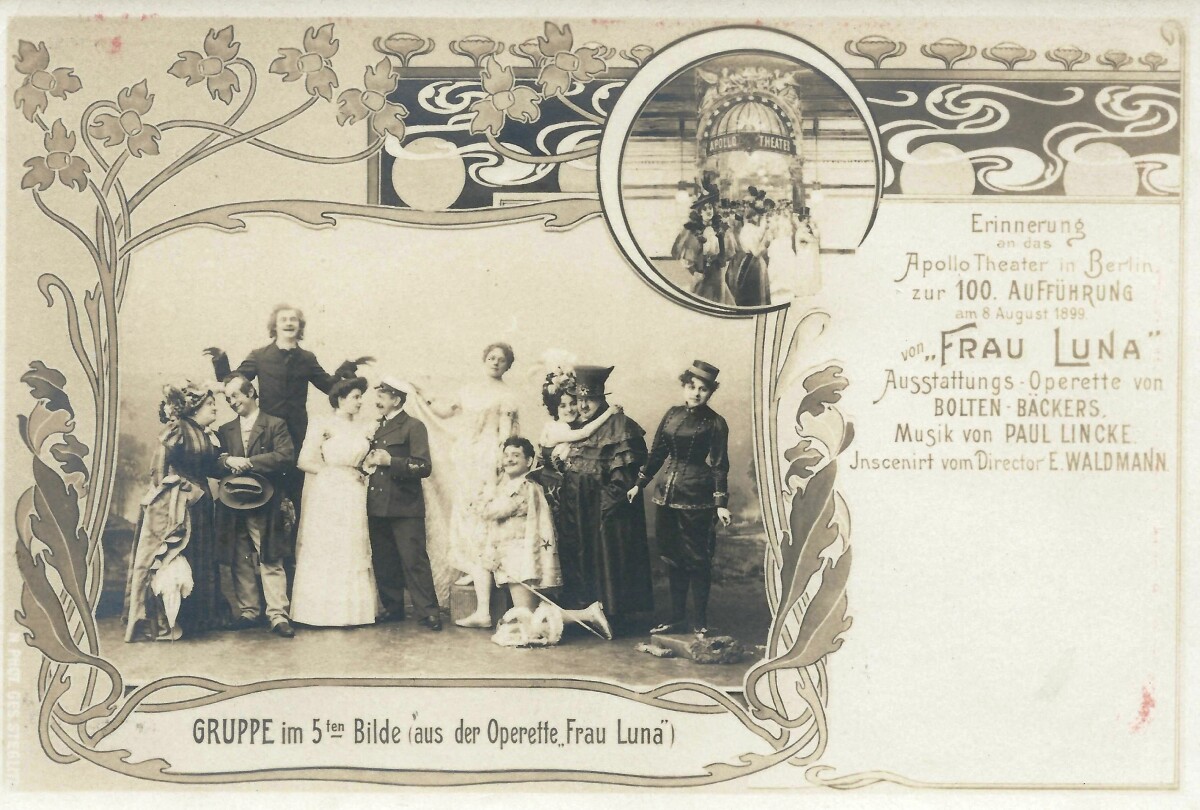"Frau Luna" with the original cast, celebrating the 100th performance at Apollo Theater in August 1899. (Photo: Internet Archive)