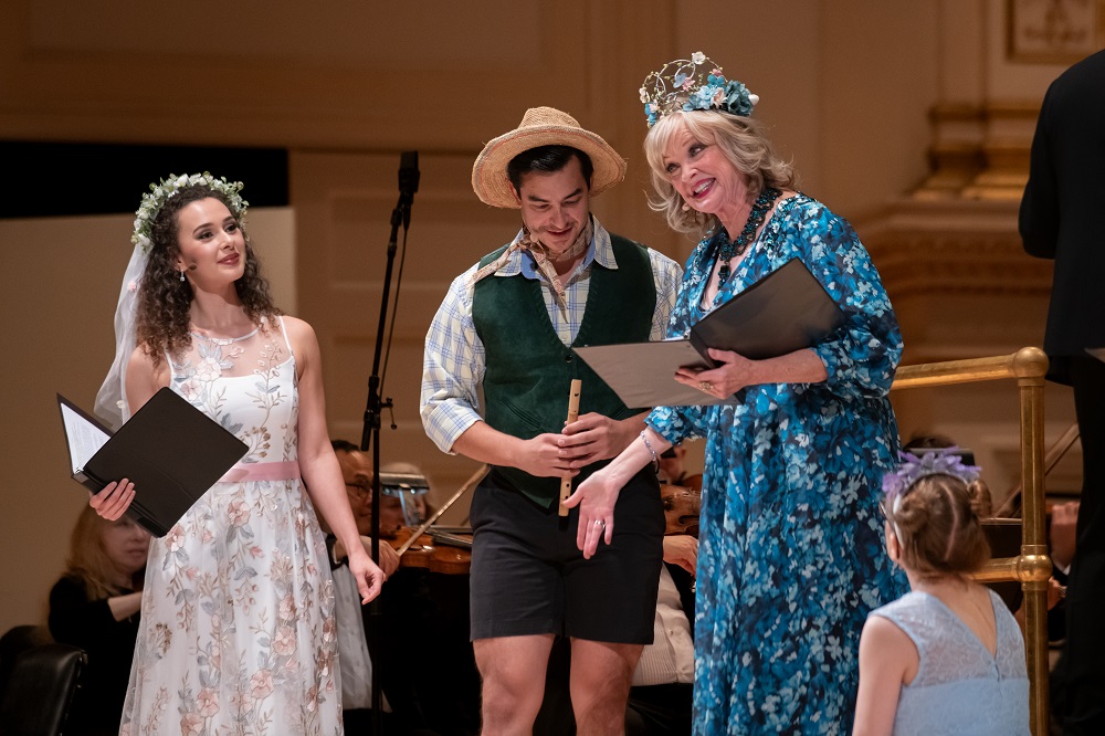 Christine Ebersole (r.) with Schyler Vargas as Strephon, showing off his "human" (i.e. non-fair) leg musles, and Ashley Fabian as Phyllis. (Photo: Toby Tenenbaum)