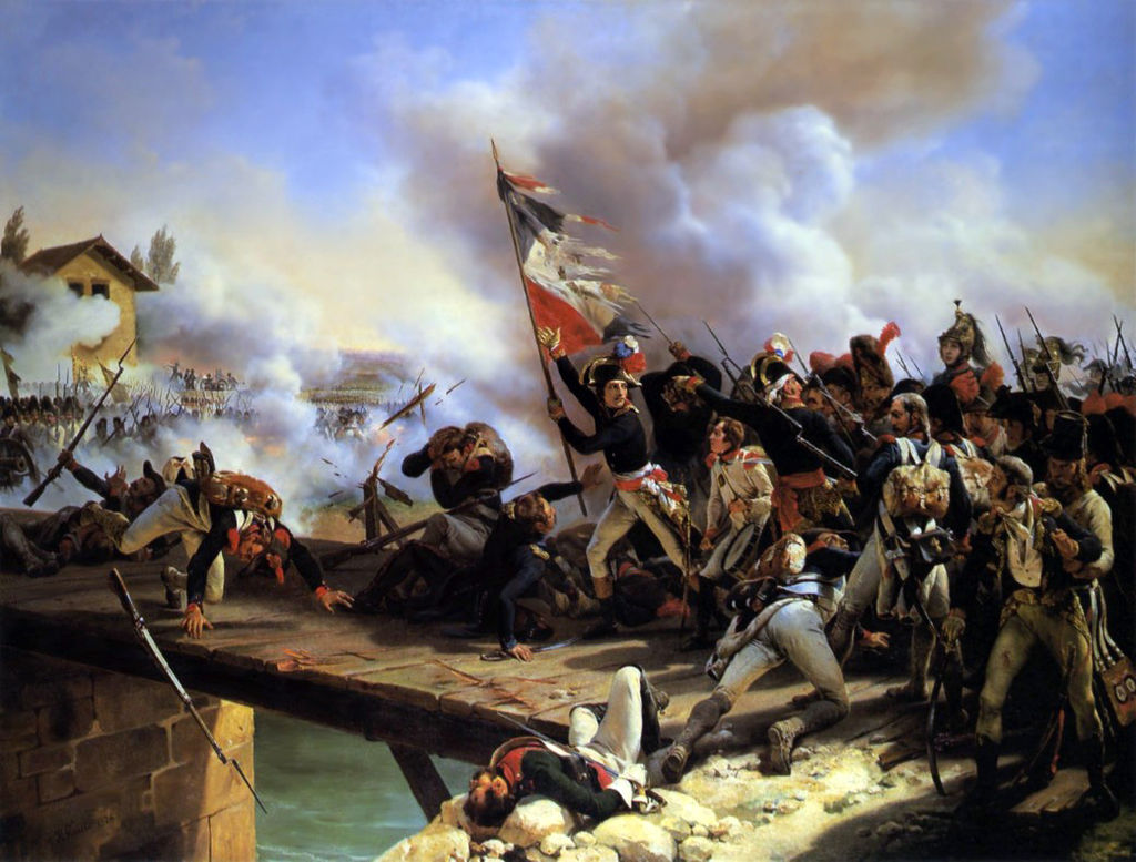 Bonaparte won his first major victory leading his soldiers across a bridge at the Battle of Arcole, November 1796. (Painting by Horace Vernet, 1826) 