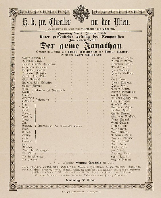 The cast list for the world premiere of Millöcker's "Der arme Jonathan" at Theater an der Wien. (Photo: Theatermuseum Wien)