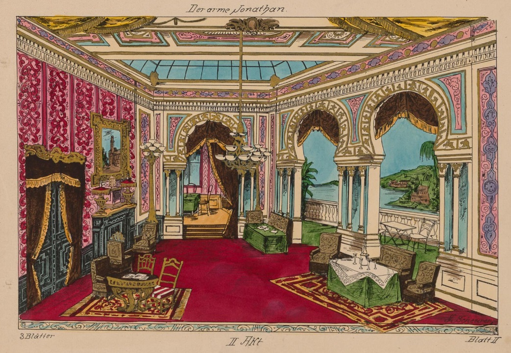 Set design by J. E. Scheurer for act 2 of "Der arme Jonathan", 1897. (Photo: Theatermuseum Wien)