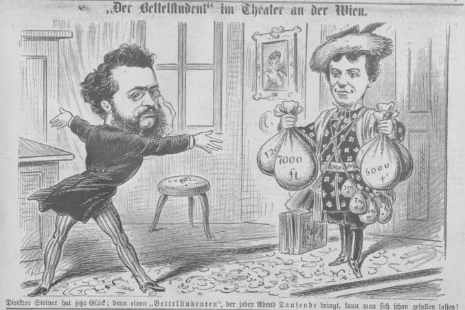 Carl Millöcker and his earnings from "Der Bettelstudent", caricature from "Kikeriki", 17 December, 1882.