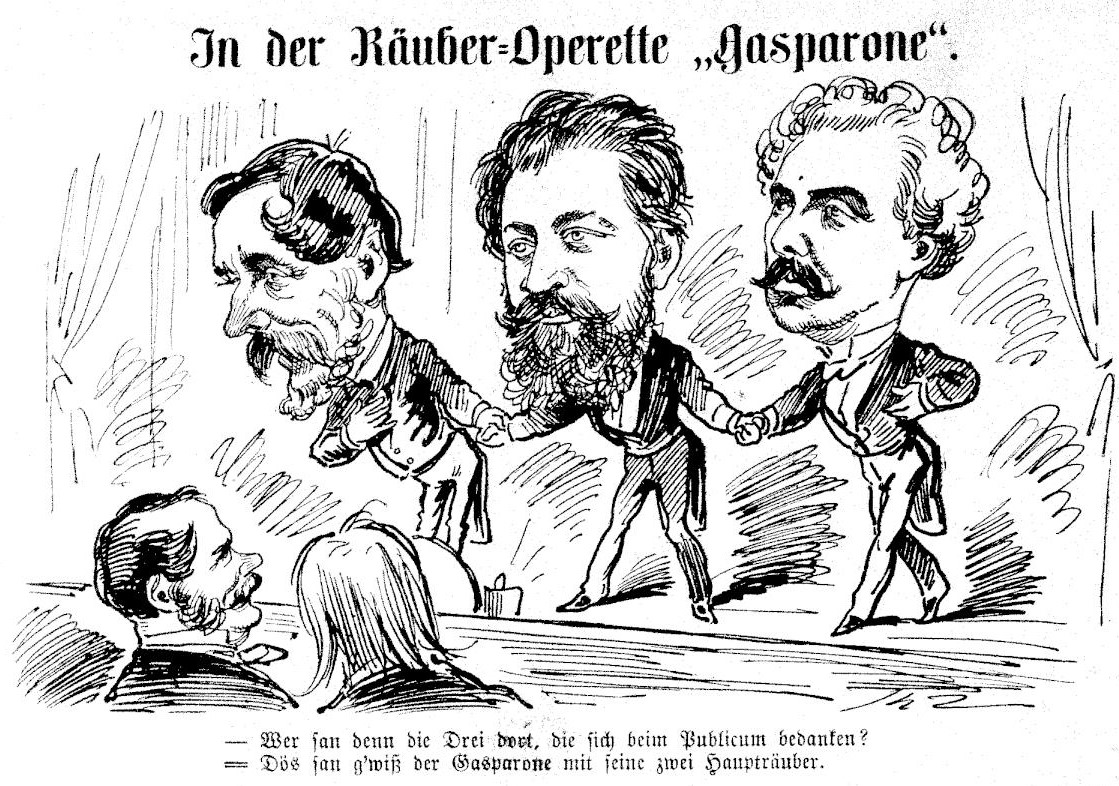 Th authors of the successful operetta "Gasparone", caricature from "Der Floh", 3 February, 1884.