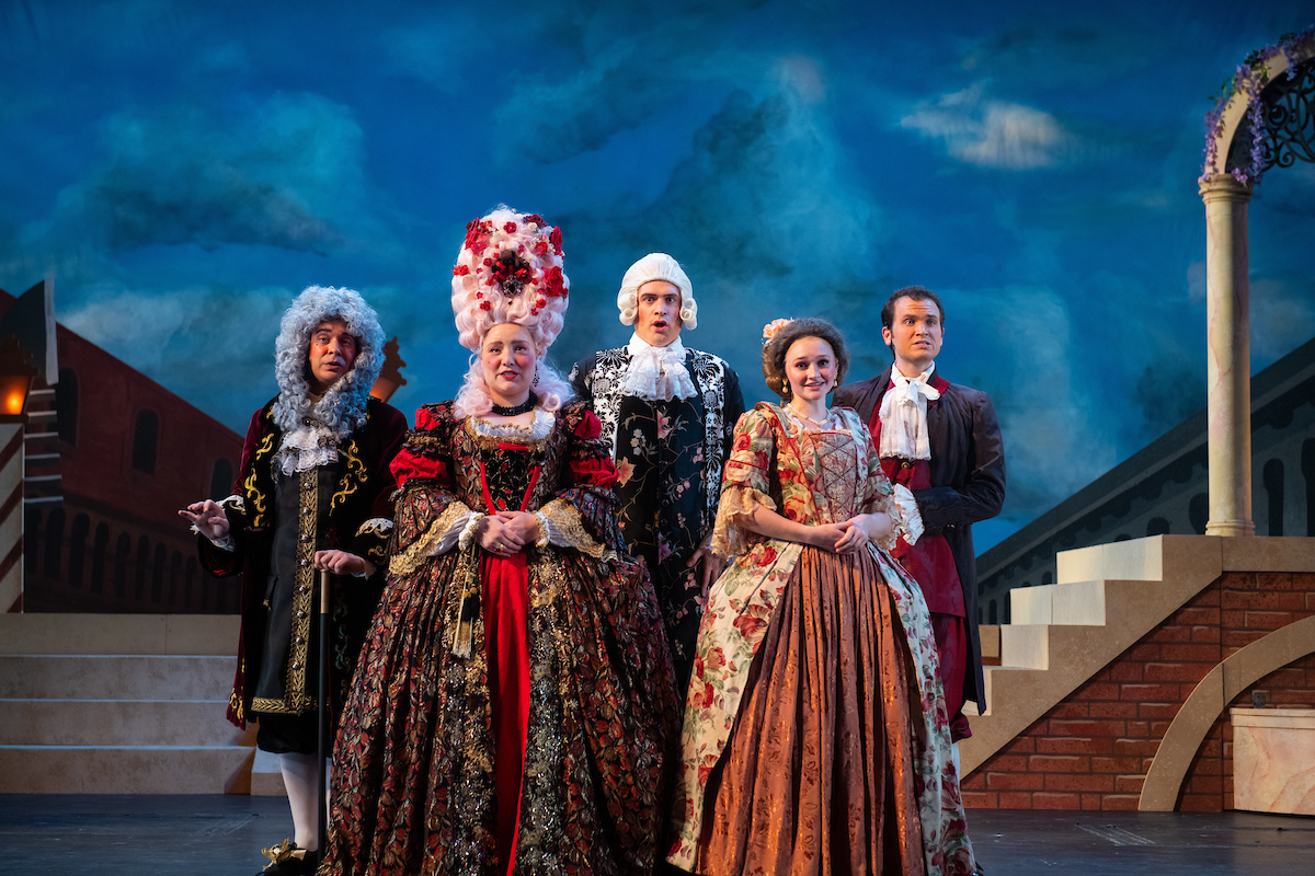 Vince Gover, Andrea McGaugh, Zachary Elmassian, Holly Thomas, Nicholas Orth (left to right) in “The Gondoliers” at Ohio Light Opera. (Photo: Matt Dilyard)