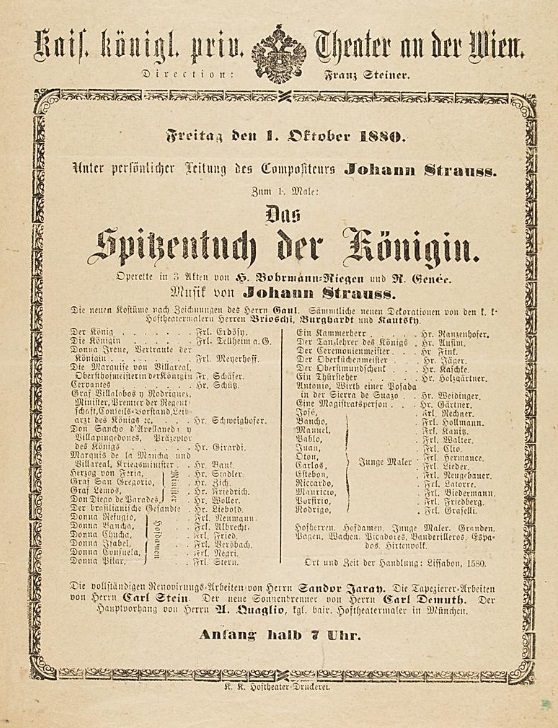 The cast for the first performance of "Das Spitzentuch der Königin" at Theater an der Wien, Johann Strauss conducted. (Photo: Theatermuseum.at)