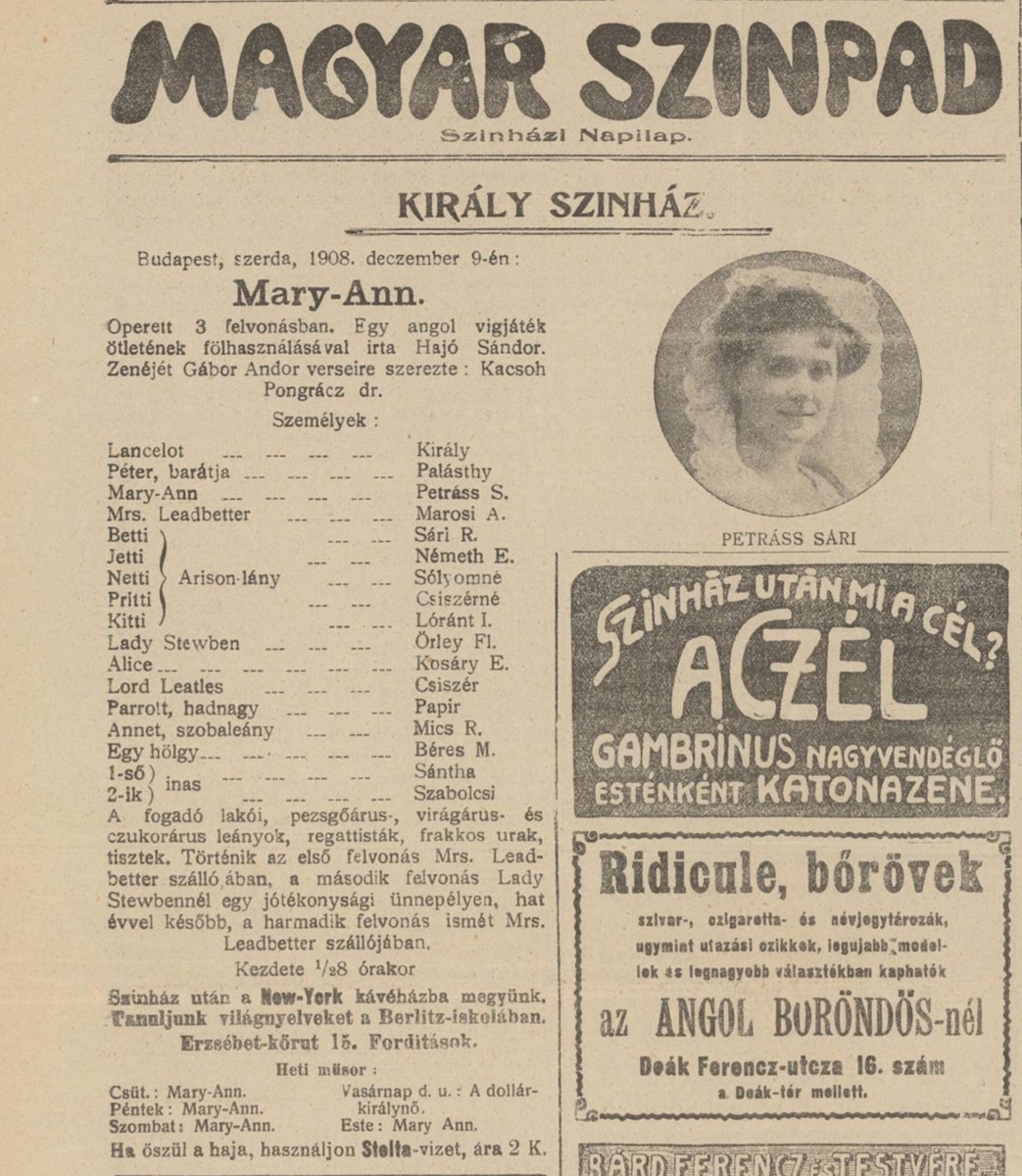 Cast of the play "Mary-Ann". (Photo: Magyar Színpad, 1908, Vol. 11, No. 343)